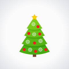 Christmas tree. Vector. Tree icon in flat design. Xmas spruce fir. Merry cartoon background. Green pine with star, balls, snowflake. Winter illustration isolated on white. Computer graphic.