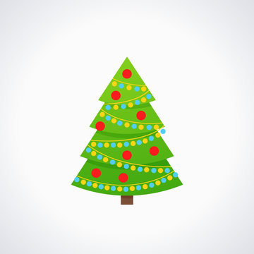 Christmas tree. Vector. Tree icon in flat design. Xmas spruce fir. Merry cartoon background. Green pine with garland, balls. Winter illustration isolated on white. Computer graphic.