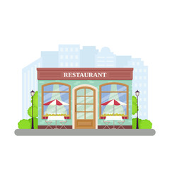 Restaurant. Vector. Street cafe shop. Building facade, storefront. Vintage store front, coffee house in flat design. Europe bistro with window. Exterior architecture background. Cartoon illustration
