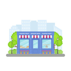 Bakery shop, storefront. Vector. Vintage store front. Facade retail building with window. Cartoon exterior house. Retro street architecture. Illustration isolated in flat design. Modern blue shopfront