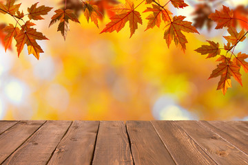 Naklejka na ściany i meble Autumn background with wooden table and colorful leaves