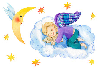 Little Angel. Silent night. Watercolor illustration