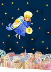 Little Angel. Silent night. Watercolor illustration