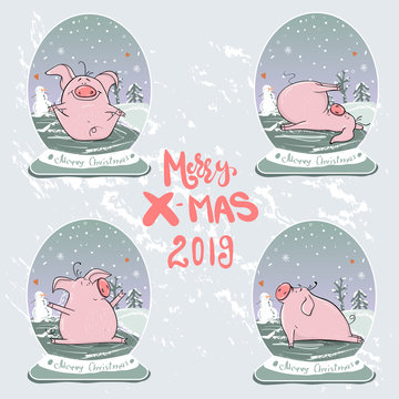 Christmas set of cute little pigs. New Year symbol. Vector winter illustration