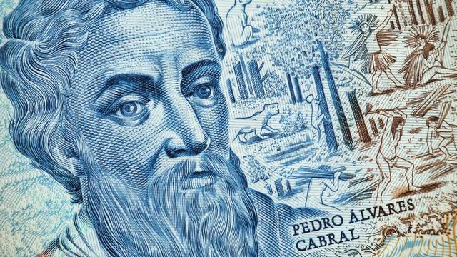 Pedro Alvares Cabral on Brazil 10 real (2010) banknote rotating, Brazilian money close up. 4K UHD video footage.
