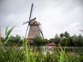 windmills in cloudy sky with reeds on a water canal in Kinderdijk Netherlands