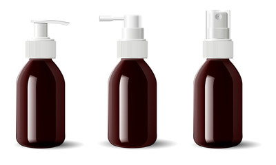 Amber glass medical aerosol containers, pump dispenser for liquid moisturizer cosmetics. Brown pharmaceutical bottles with dispenser spray caps. 3s realictic mockup product set.
