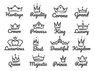 Majestic crown logo. Sketch prince and princess, hand drawn queen sign or king crowns graffiti vector illustration set Wall mural