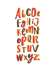 Decorative hand drawn lettering alphabet. Kids playful font.