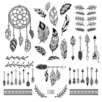 Boho art. Tribal arrow feather, bohemian floral border and hippie fashion frame vector elements set