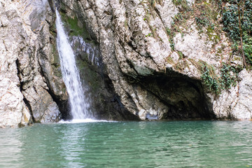 View oh the waterfall in forest, Agur, Sochi, Russia