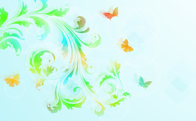 Fototapeta na wymiar Abstract floral background with colorful flowers butterflies.