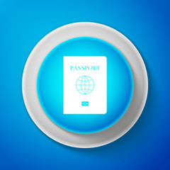 White Passport with biometric data icon isolated on blue background. Identification Document. Circle blue button with white line. Vector illustration