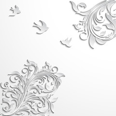 Abstract floral  background with paper flowers and birds.