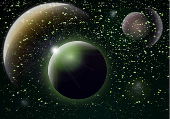 Deep space background. Universe with planets and bright stars. Effects of halo light on a dark background, flashes of light. Vector illustration.