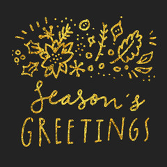 Fototapeta na wymiar Season's Greetings. Merry Christmas calligraphic hand drawn greeting card in gold