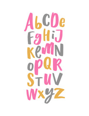 Decorative hand drawn lettering alphabet. Kids playful font.
