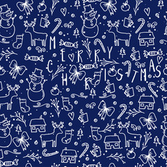 Merry Christmas and Happy New Year winter seamless pattern with holidays objects. Vector illustration