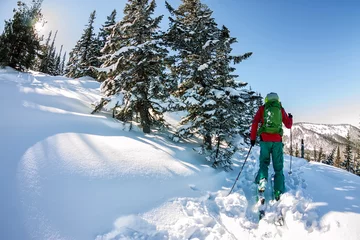 Photo sur Plexiglas Sports dhiver Skitur freeride skieur masculin en montée dans la neige en forêt d& 39 hiver