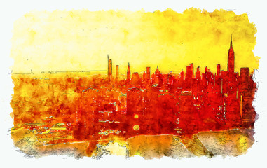 Aerial view of the East River and the Manhattan, NY skyline watercolor painting