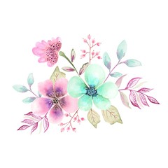 bouquet of blue and pink flowers drawing watercolor