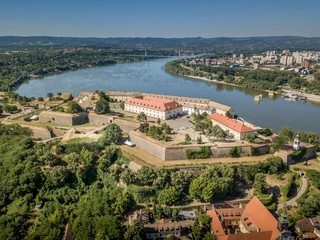 Aerial view of Petrovaradin Novi Sad fortress from the Austria Turkish times in Serbia former Yugoslavia along the Danube river