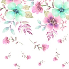 bouquet of blue and pink flowers drawing watercolor