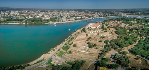 Aerial view of Petrovaradin Novi Sad fortress from the Austria Turkish times in Serbia former Yugoslavia along the Danube river