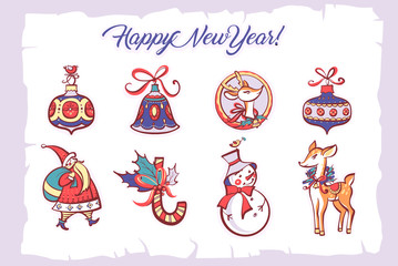 Happy new year and merry christmas holiday. Hand-drawn vector illustration. Sticker, label, sign deer, snowman, toy for xmas tree on white background. Santa Claus and candy cane