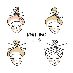 Freehand drawn silhouette girl for concept logo, badge, label knitting club, workshop, master class. Handmade knit and crochet. Vector illustration for women hobby and family business