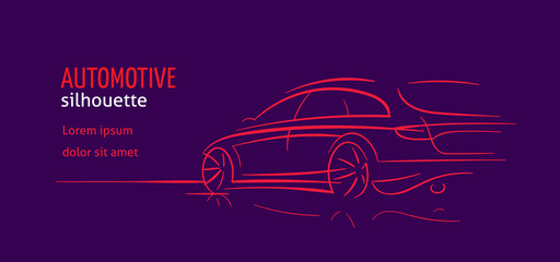 Modern car abstract line illustration. Auto silhouette outline on dark background. Vector. Text outlined. 