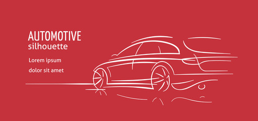 Modern car abstract line illustration for cards, flyers etc. Auto silhouette outline on red background. Vector. Text outlined.  - obrazy, fototapety, plakaty