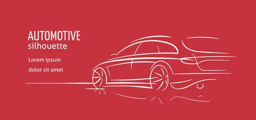 Foto op Canvas Modern car abstract line illustration for cards, flyers etc. Auto silhouette outline on red background. Vector. Text outlined.  © yuromanovich