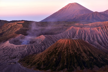 Naklejka premium Mount Bromo with mount Batok in the foreground and mount Semeru as the background, Java island, Indonesia