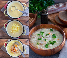 Kulish cooking collage - soup with millet and bacon, traditional Russian cuisine, selective focus