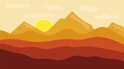 Fototapeta na wymiar Landscape with mountains, hills, clouds and sun. Vector illustration.