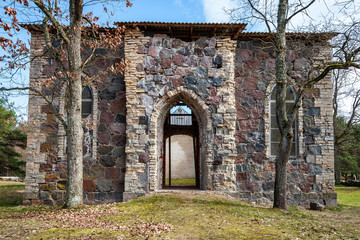 old stone and red brick church details