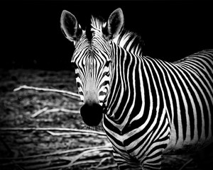 Fototapeta na wymiar African zebra. Awesome print of African wildlife, African safari and wild animals. Travel to Africa. Stylish vintage design. Night photography