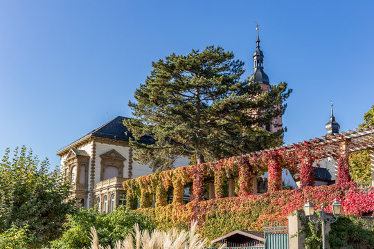 Eltviller Rheinpromenade mit herbstlich gef&auml;rbtem Efeue an der kurf&uuml;rstlichen Burg und dem Kirchturm der Pfarrkirche St. Peter und Paul