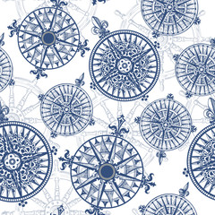 Windrose. Design element of vintage nautical maps. Vector seamless pattern. Hand-drawn sketch
