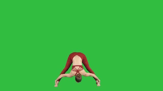 Young woman in forward bending asana yoga pose on a Green Screen, Chroma Key.