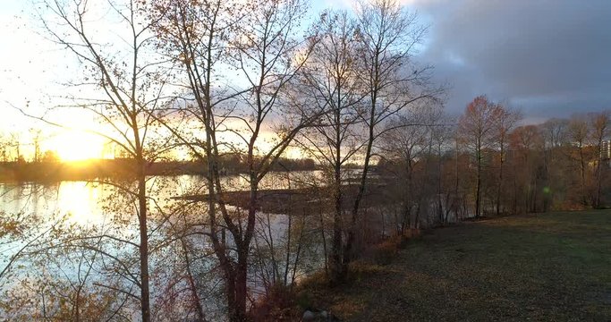 Log Boom Tug at River in Vancouver, Canada. Drone flying. Aerial 4k view.