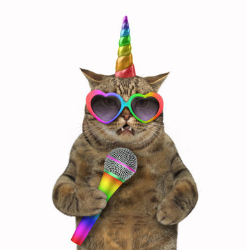 The cat unicorn in rainbow sunglasses is singing a song. White background.