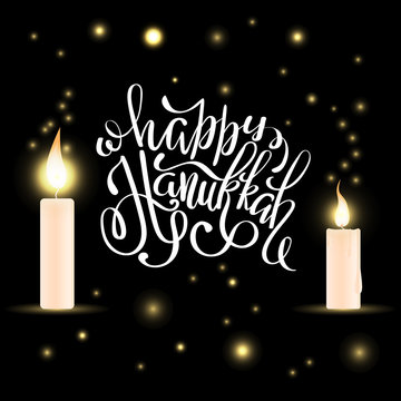 Happy Hanukkah typography lettering vector design for greeting cards and poster design template celebration. Hanukkah beautiful inscription. Beautiful background with burning candles