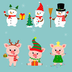 New Year and Christmas card. A set of three snowmen and three pigs character in different hats and poses in winter. Gift box, Christmas tree. Cartoon style, vector