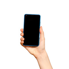 hand holding smart phone isolated on white