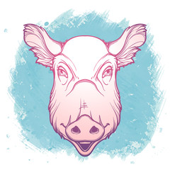 Cute pigs head. Mascot of the New Year 2019 according to Chinese zodiac calendar. Linear black linear drawing isolated on textured watercolor background. EPS10 vector illustration