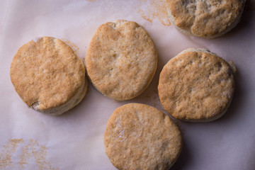 Fresh biscuits on wax paper after being baked