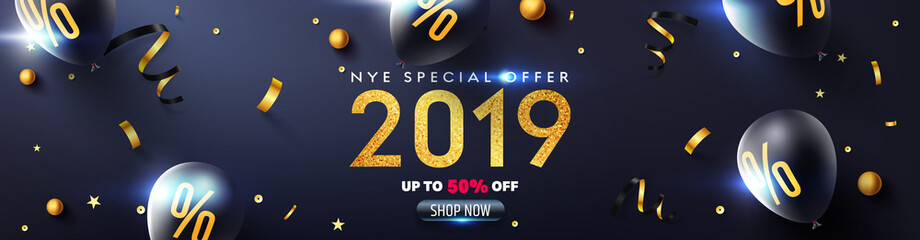 2019 New year eve Promotion Poster or banner with glitter texture,black balloons, golden ribbon and confetti.Promotion or shopping template for Christmas in golden and black style.Vector EPS10