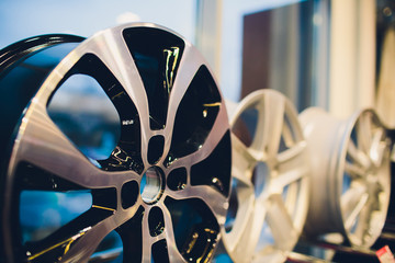 Pair of modern aluminium wheel automobile rims.